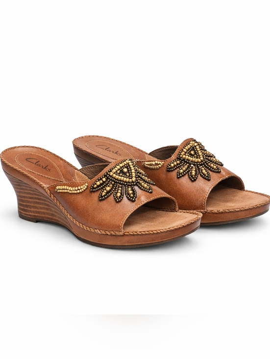 Clarks Shoes - Clarks Artisen Brown Leather Wedge Sandals with Beaded Floral Accents